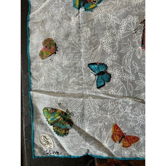 Vintage Hand Painted Signed Butterfly Scarf Japan 15"x15" Cotton - Picture 4 of 8